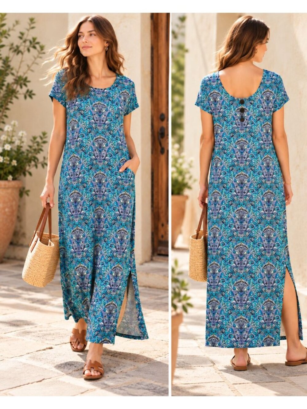 J. Jill Paisley Maxi Dress Sz S Teal Short Sleeve Side Slits Pockets Resort Boho